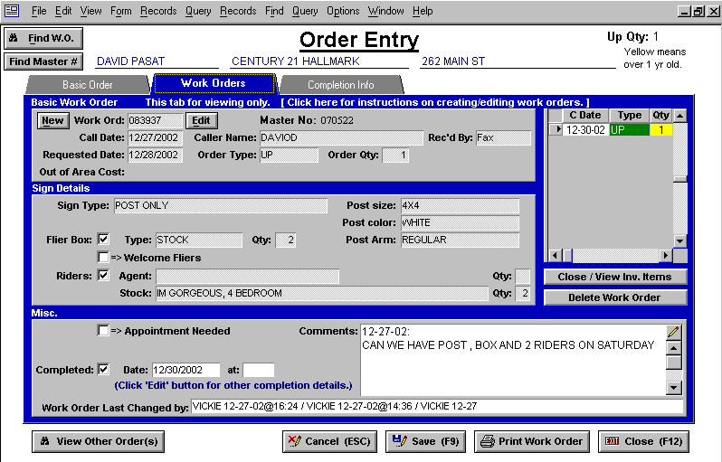 Tab 1 of Order Form